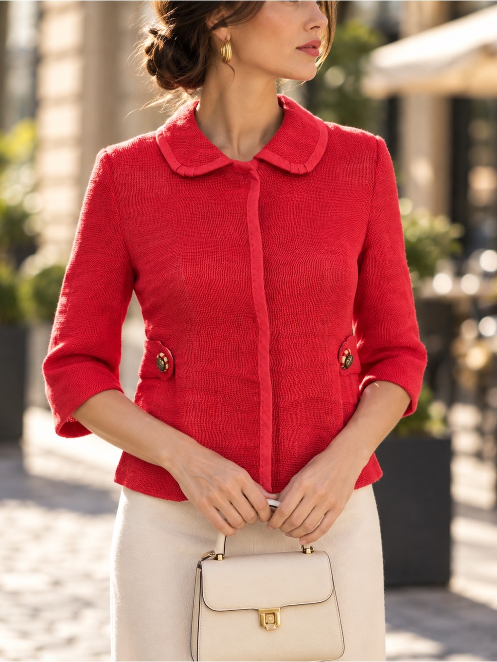 Elie Tahari Coral Red Linen Cropped Blazer Jackie O Style Textured Jacket